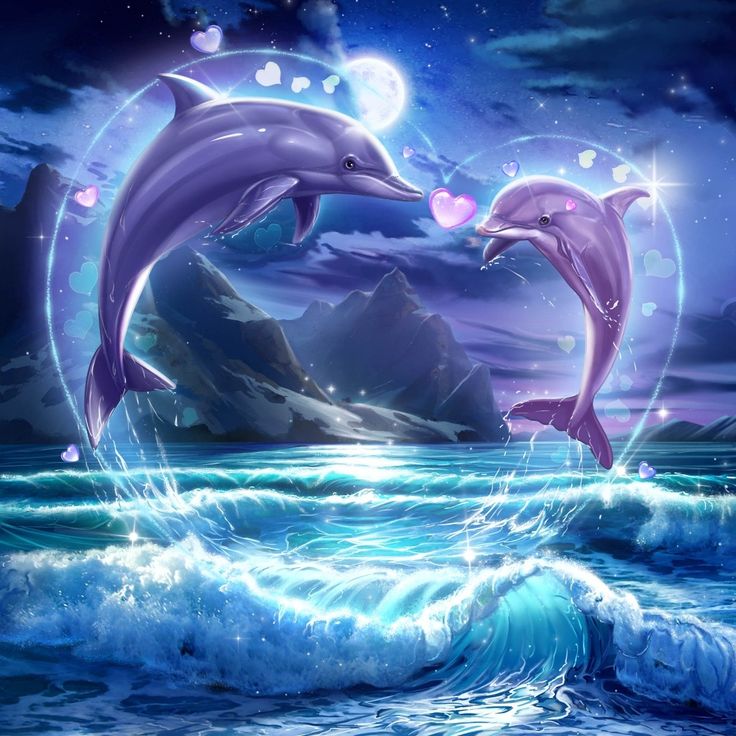 Dolphins jumping out of the night water creating a heart shape with sparkles everywhere