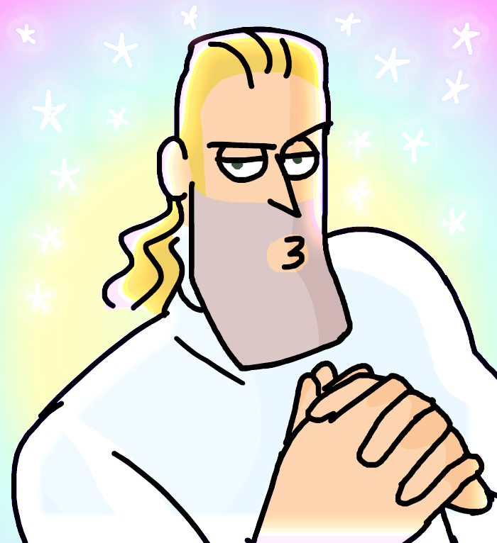 90s headshot of blonde Gustavo in a white turtleneck with sparkles and a rainbow glow
